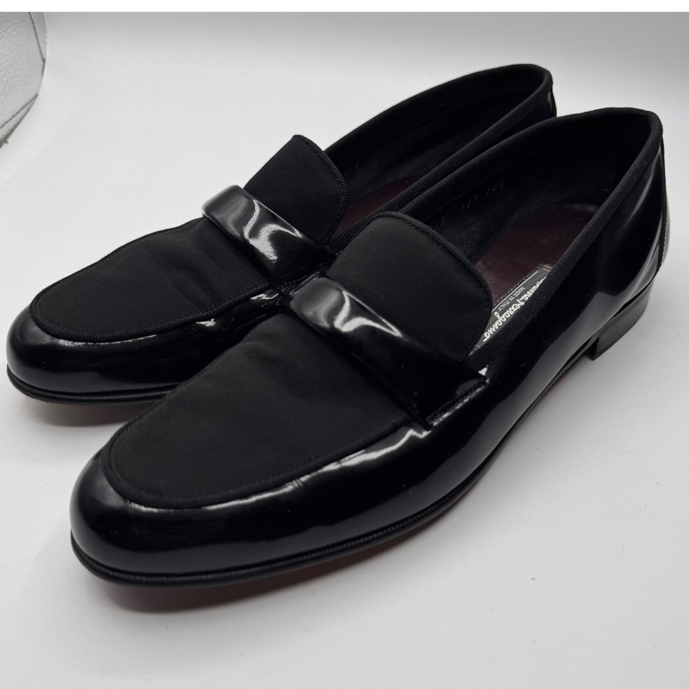Salvatore Ferragamo Mens 10.5 Black Patent Leather Grosgrain Formal Loafers - Picture 3 of 9